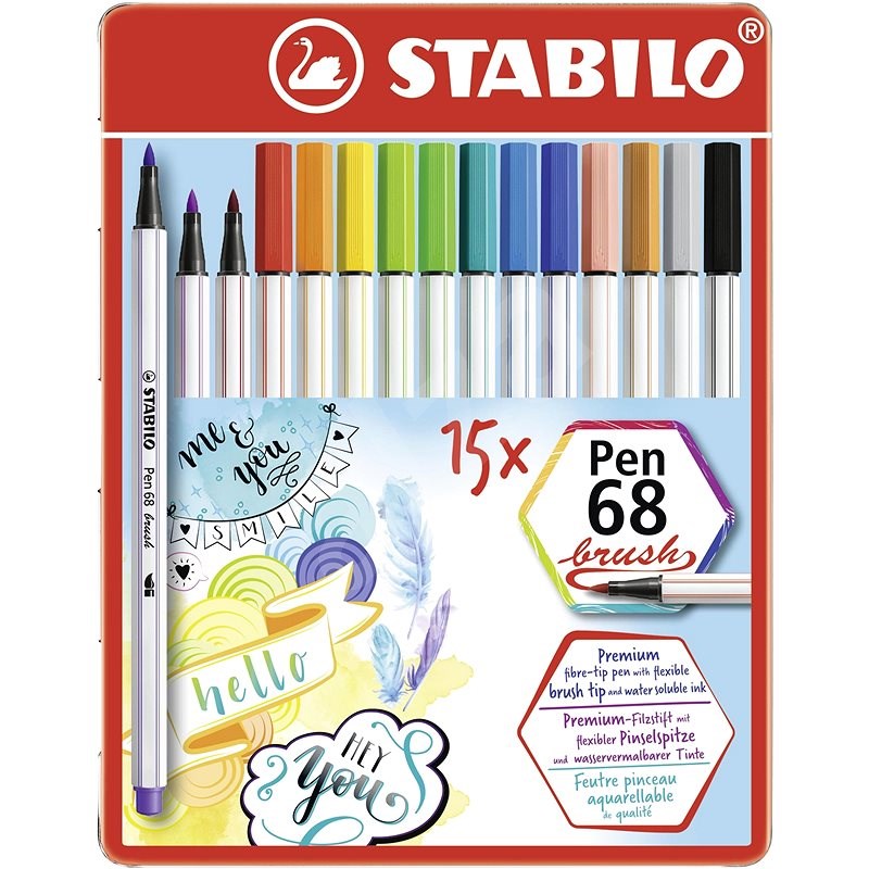 STABILO Pen 68 brush kovové pouzdro 15 barev - Fixy