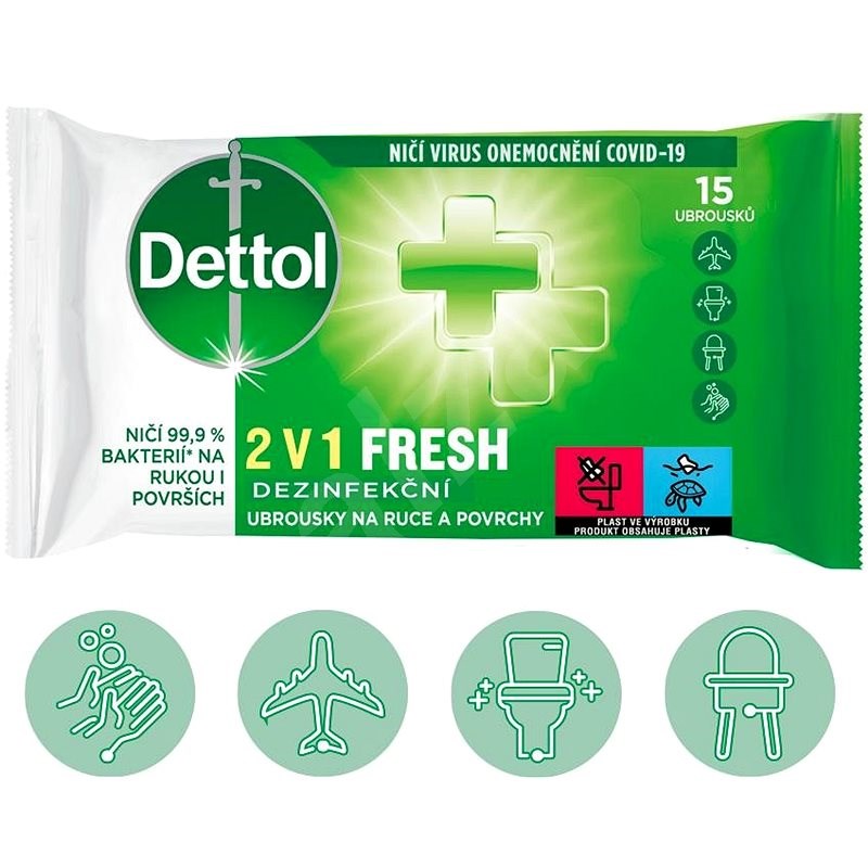 DETTOL Dezinfekční ubrousky 2v1 na ruce a povrchy 15 ks - Antibakteriální ubrousky na ruce