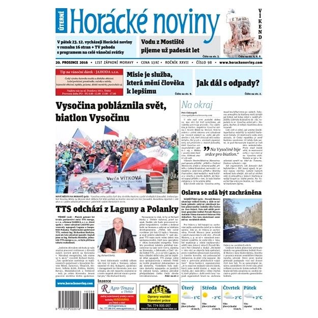 Horácké noviny - Úterý 20.12.2016 č.098 - Elektronické noviny