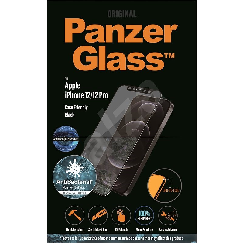 PanzerGlass Edge-to-Edge Antibacterial pro Apple iPhone 12/12 Pro černé s Anti-BlueLight vrstvou - Ochranné sklo