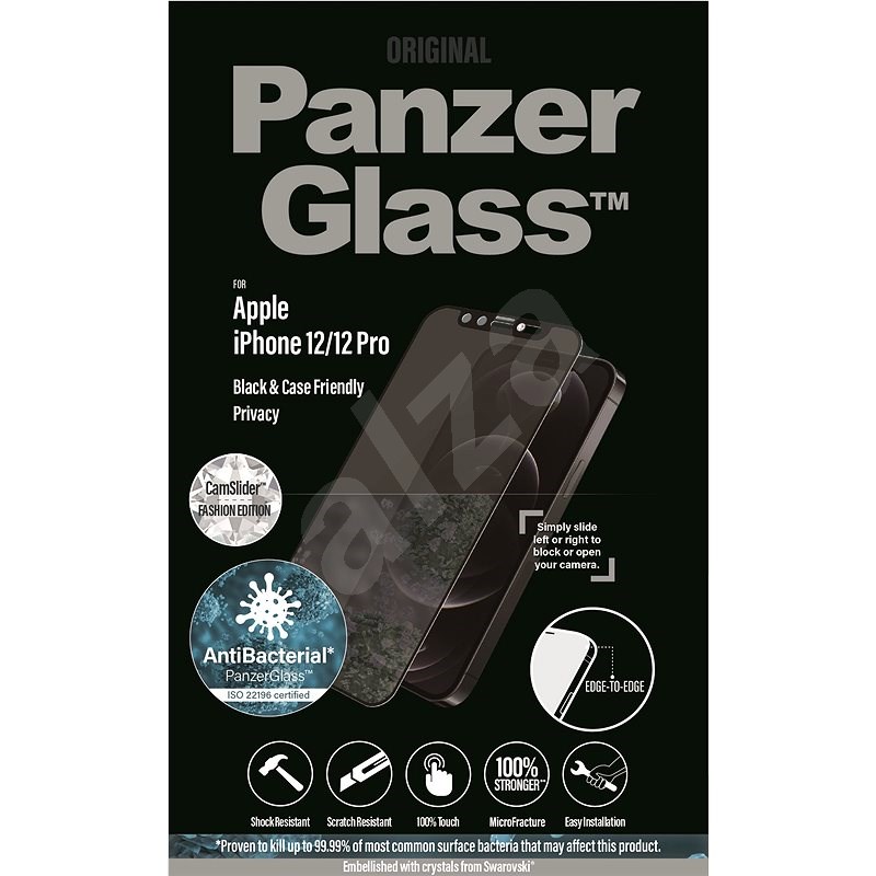 PanzerGlass Edge-to-Edge Privacy Antibacterial pro Apple iPhone 12/12 Pro černé se Swarowski CamSlid - Ochranné sklo
