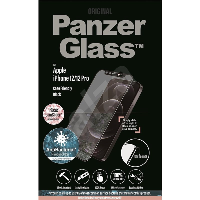 PanzerGlass Edge-to-Edge Antibacterial pro Apple iPhone 12/12 Pro s růžovým Swarovski CamSlider - Ochranné sklo