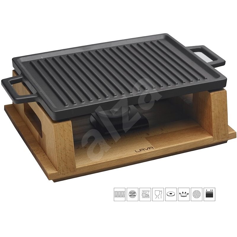 LAVA METAL Cast-iron Double-sided Hob 22x30cm with Wooden Base - Grill Griddle