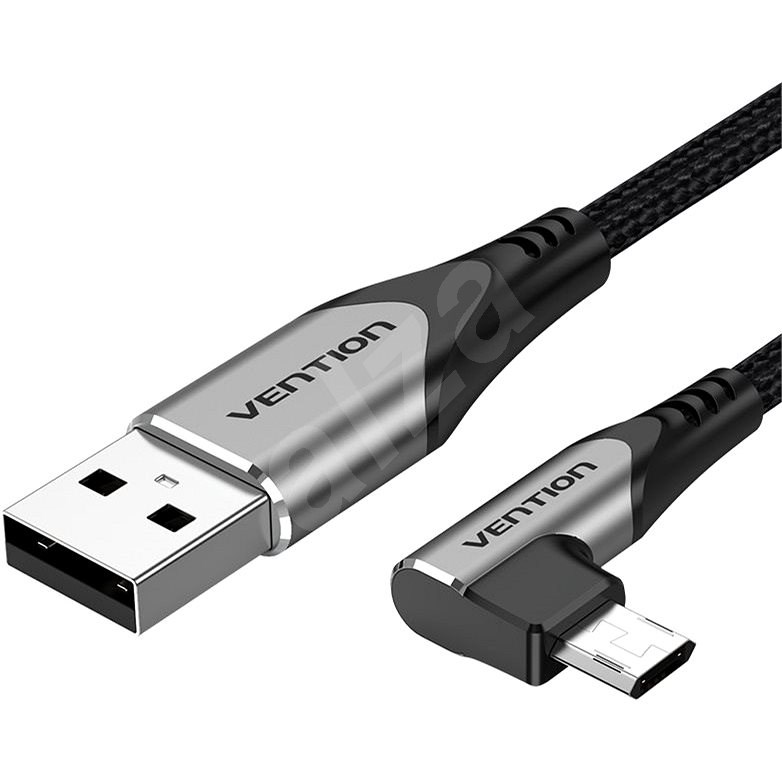 Vention Reversible 90° USB 2.0 -> microUSB Cotton Cable Gray 3m Aluminium Alloy Type - Datový kabel