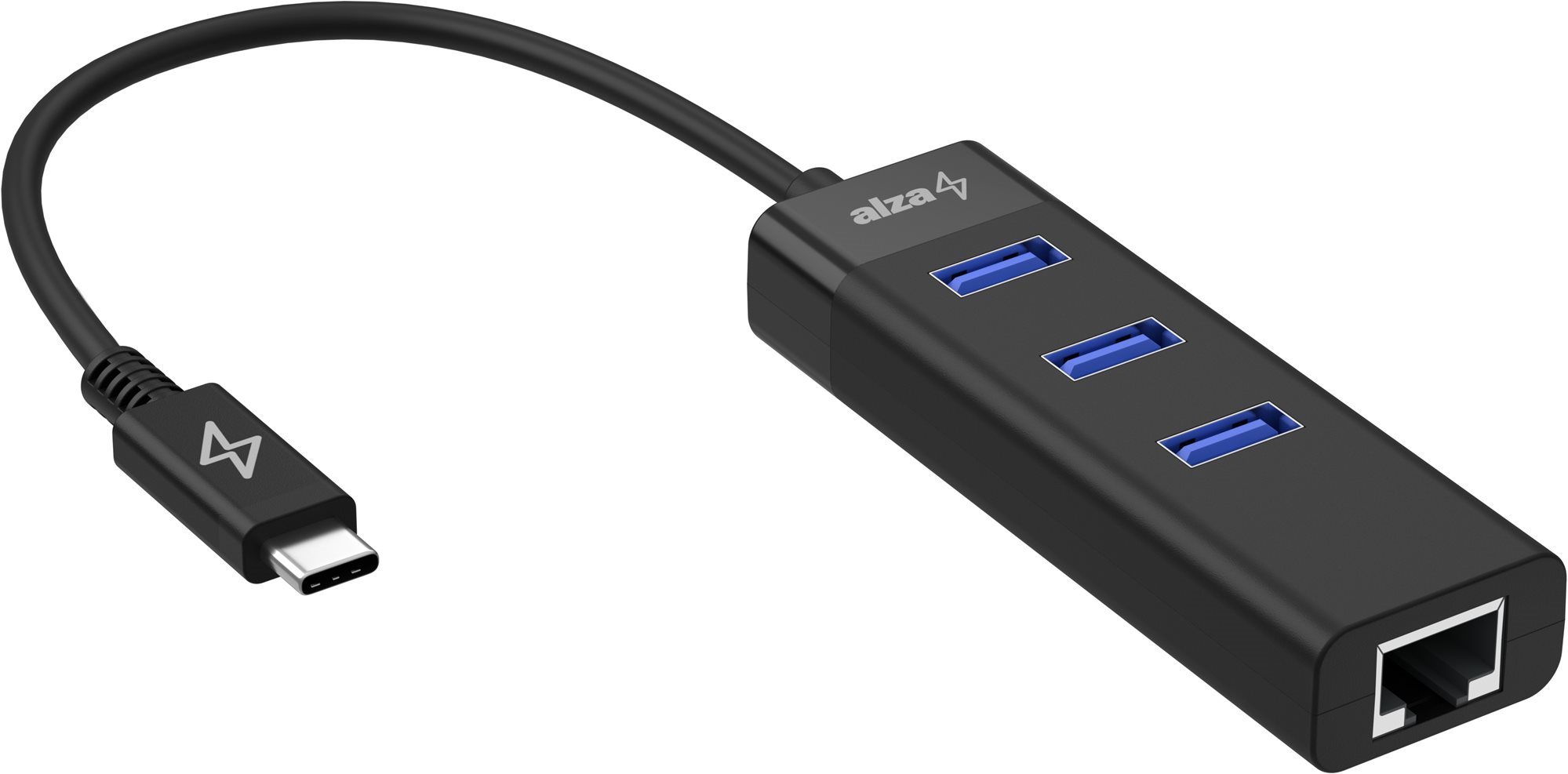 AlzaPower Core USB-C (M) vers 3× USB-A (F) avec LAN noir Hub USB