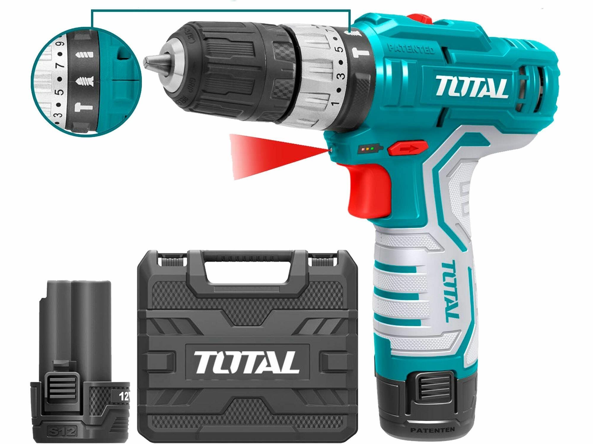 TOTAL-TOOLS Vrtací šroubovák aku s příklepem, 2x1500mAh, 12V...