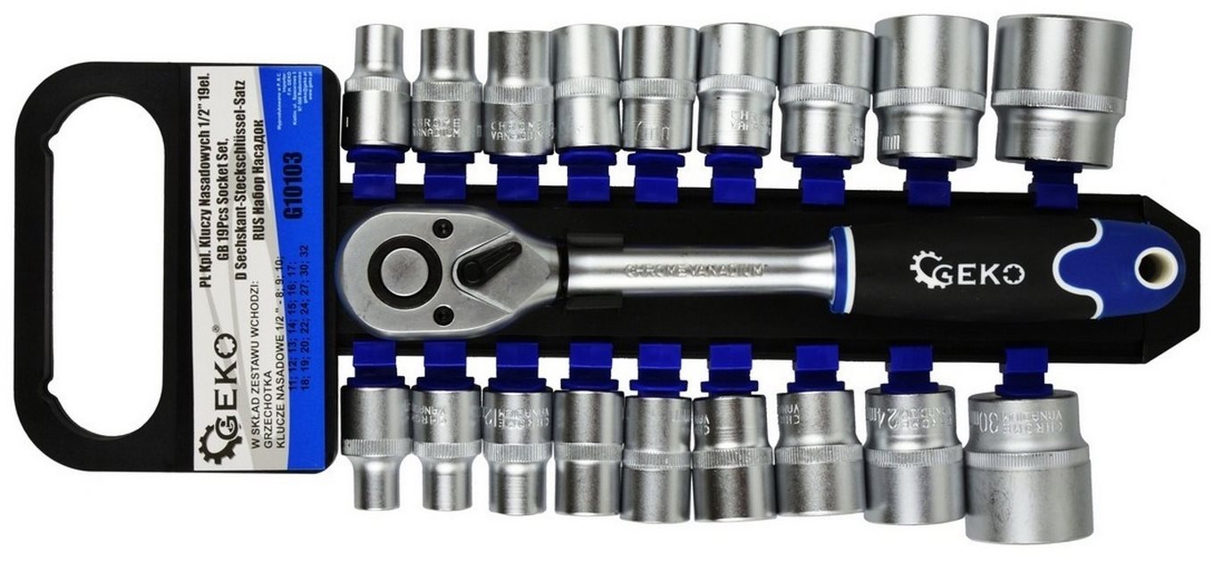 GEKO Hlavice nástrčné + račňa 1/2", sada 19 ks, 8 – 32 mm, CrV oceľ...