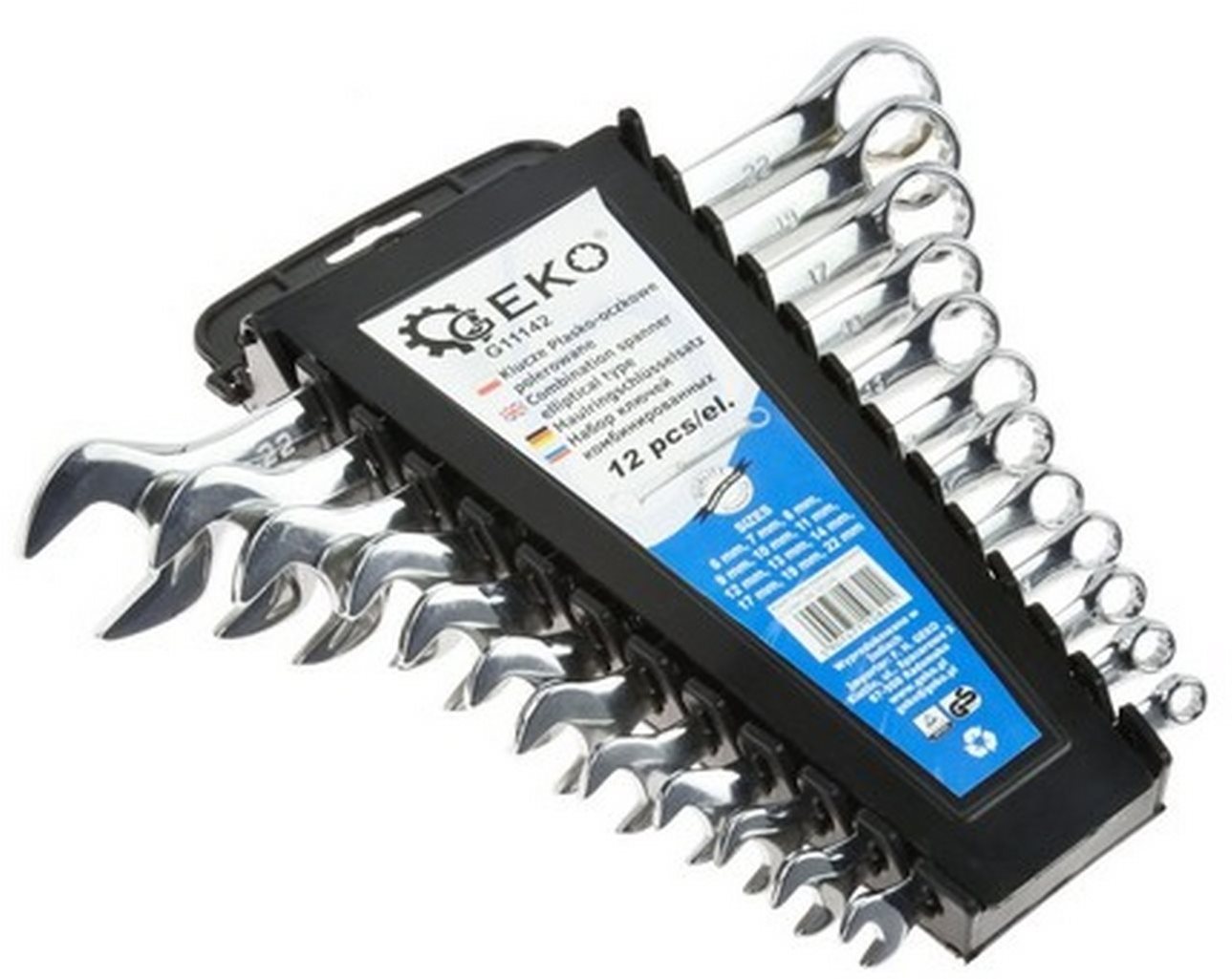 GEKO Súprava kľúčov očko-plochých, 12 ks, 6–22mm, plastový držiak...