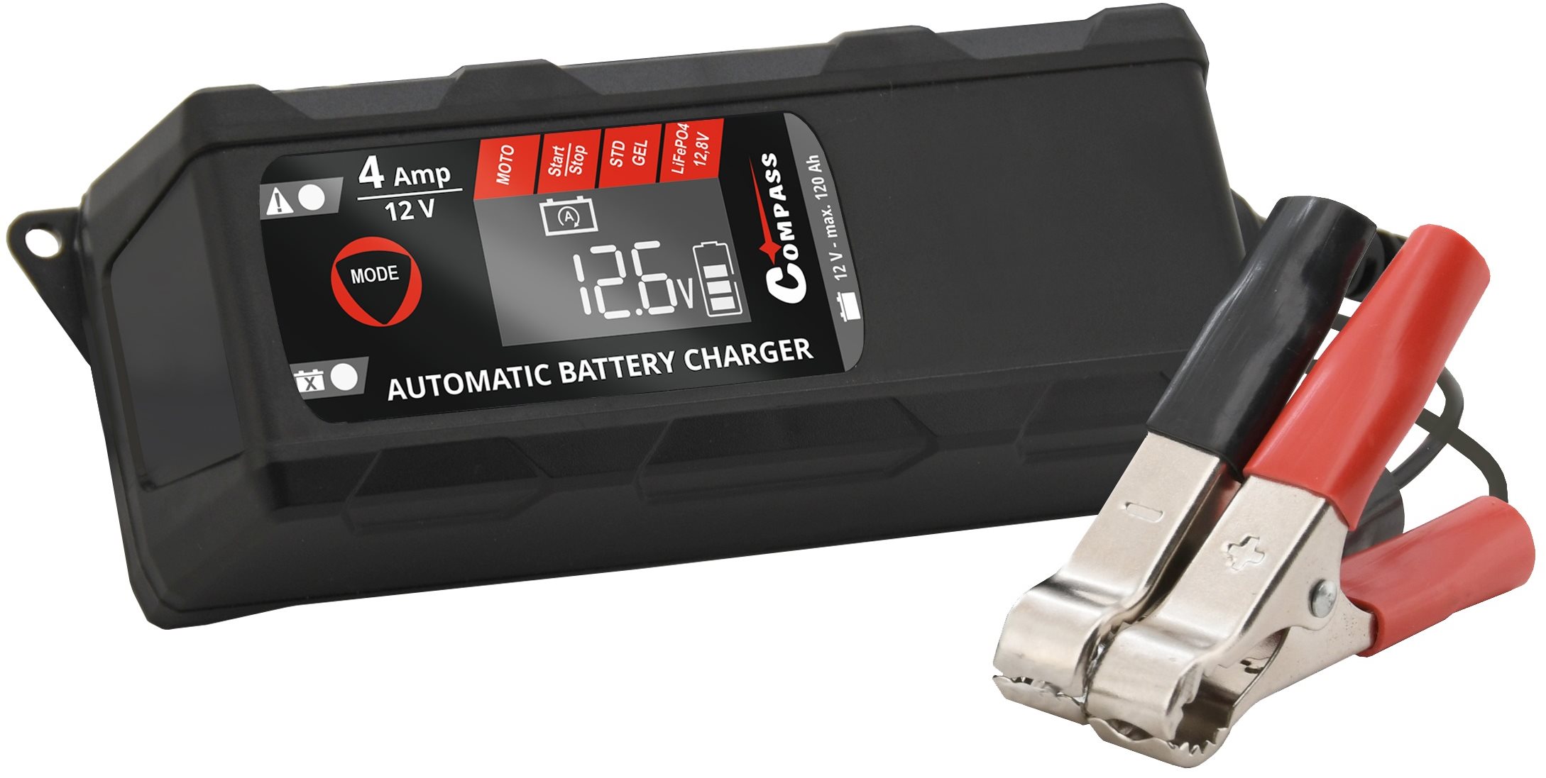 COMPASS Mikroprocesszoros töltő 4A 12V PB/GEL/AGM/LiFePO4 LCD...