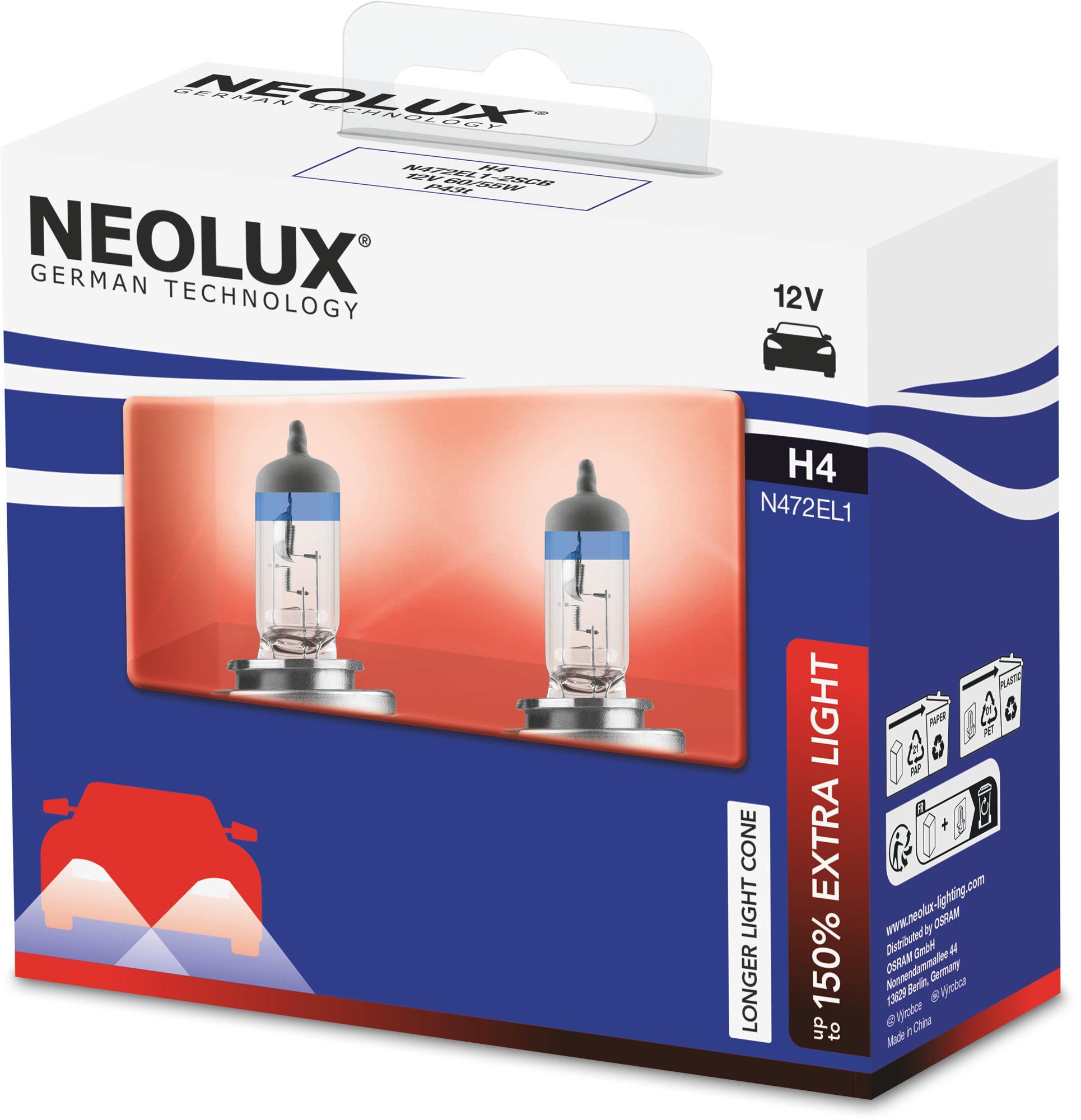 NEOLUX H4 Extra Light +150% 12V, 60/55W Autóizzó