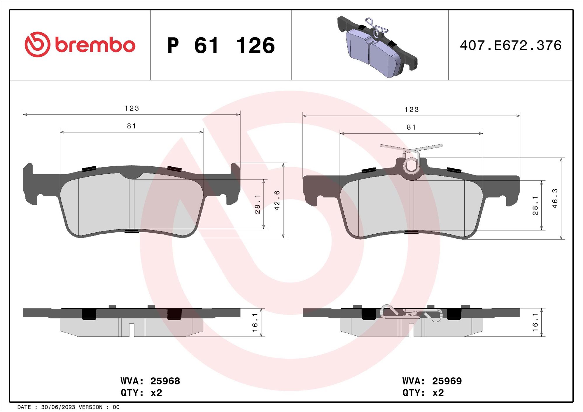 BREMBO Sada brzdových doštičiek P 61 126 Brzdové doštičky