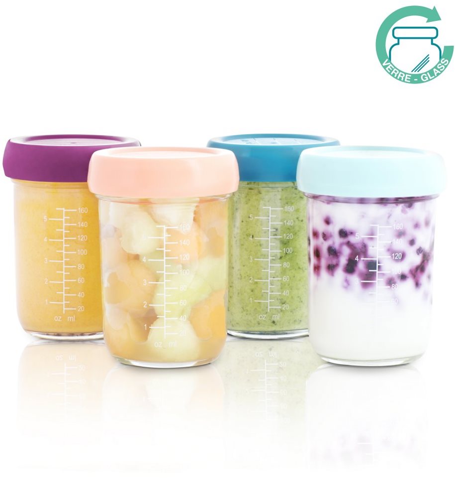 BABYMOOV Sklenené misky s viečkami 160 ml – súprava 4 ks Sada misiek