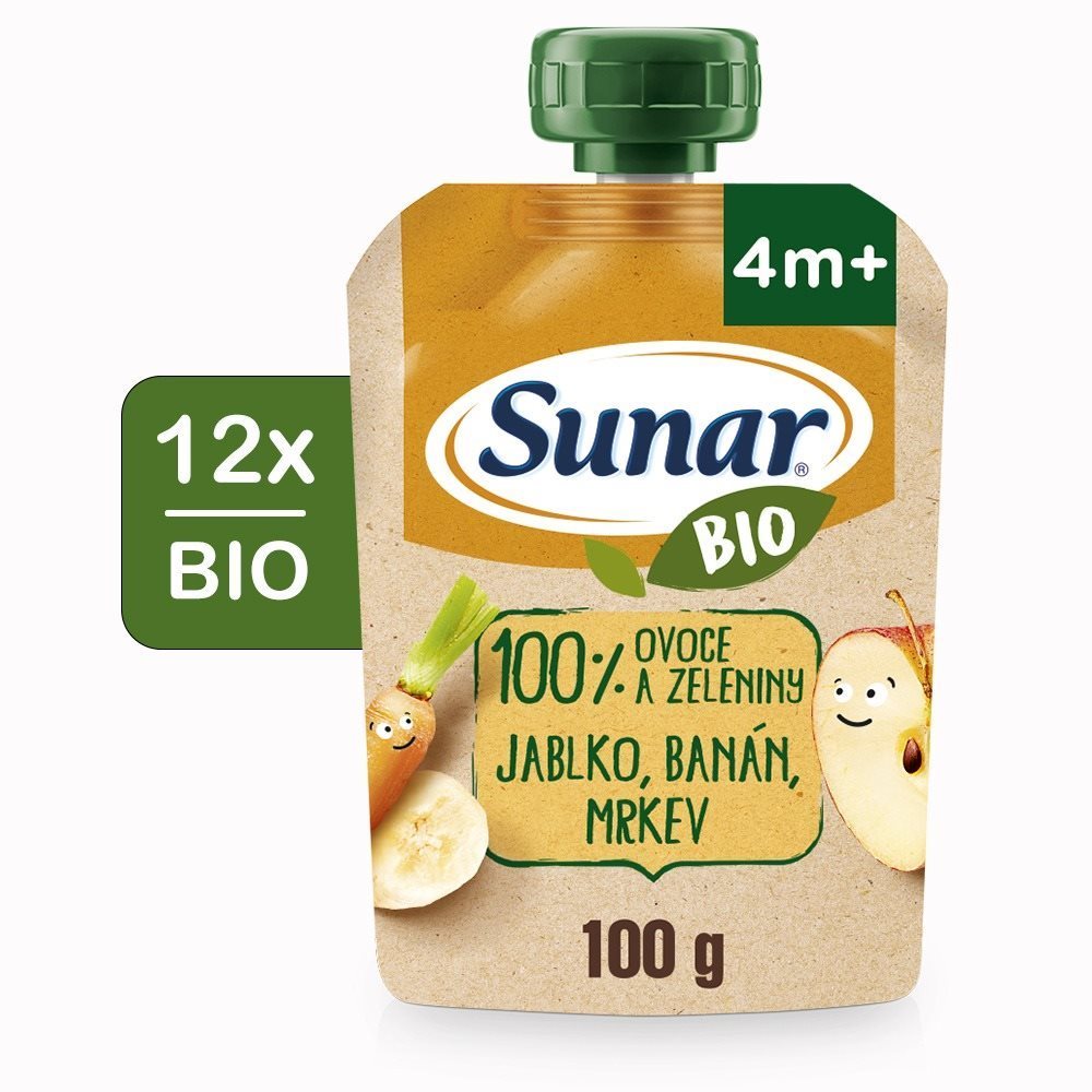 Sunar BIO ovocná kapsička jablko, banán, mrkva 4m+, 100 g Kapsička...