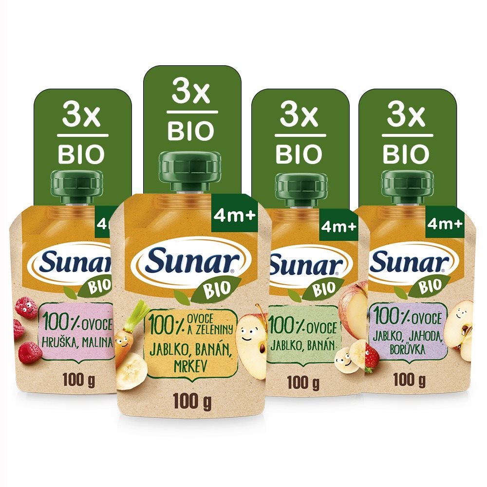 Sunar BIO ovocná kapsička mix príchutí 4m+, 100 g Kapsička pre deti