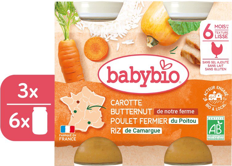 BABYBIO Mrkev s máslovou dýní, kuřetem a rýží 3× (2× 200 g) Příkrm