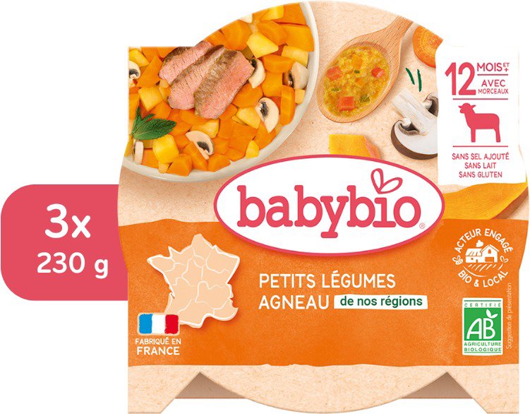 BABYBIO Dušená zelenina s jehněčím masem 3× 230 g  Příkrm