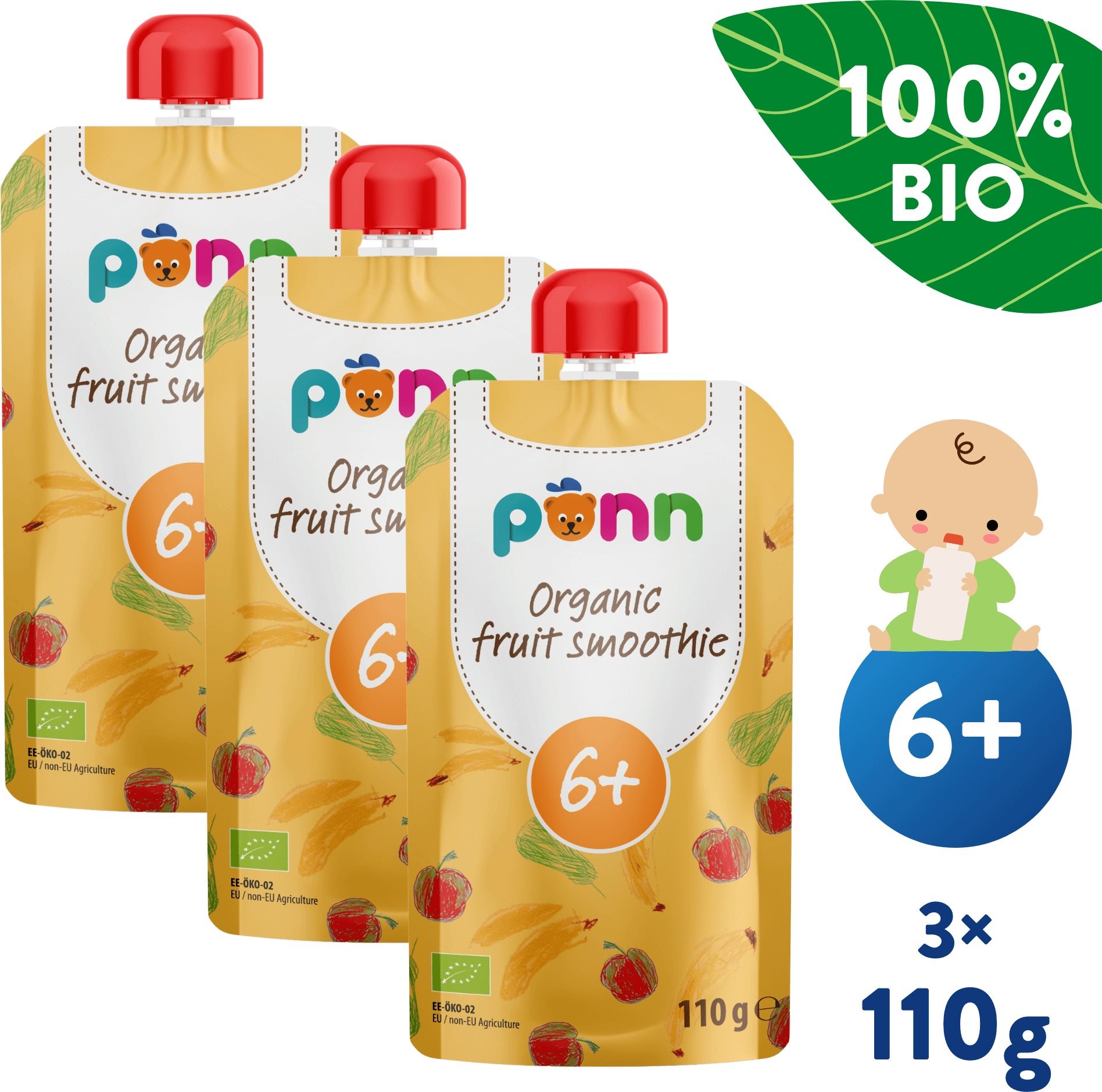 SALVEST Ponn BIO Gyümölcsös smoothie ananásszal, 3× 110 g Tasakos...