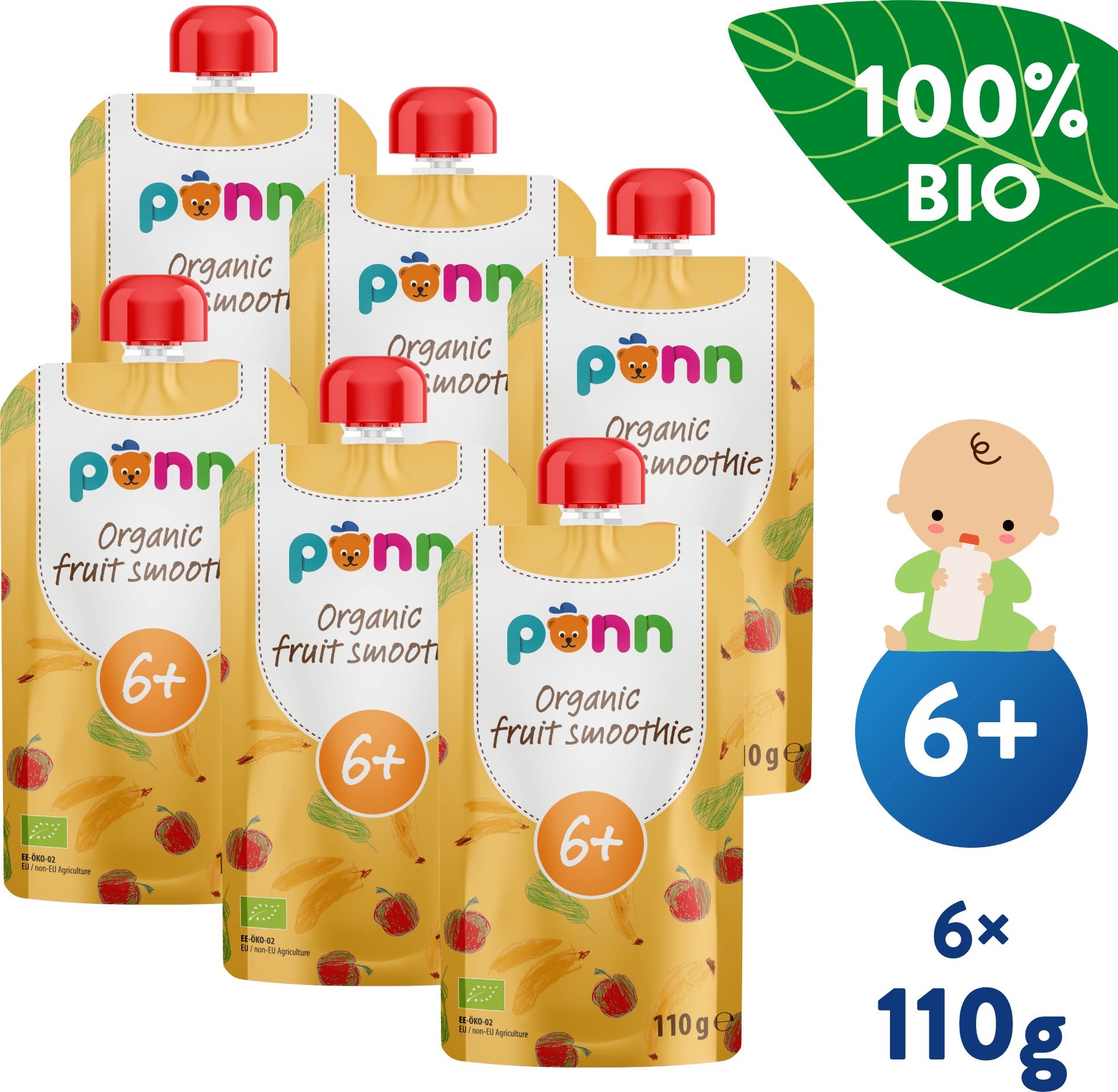 SALVEST Ponn BIO gyümölcsös smoothie ananásszal, 6× 110 g Tasakos...