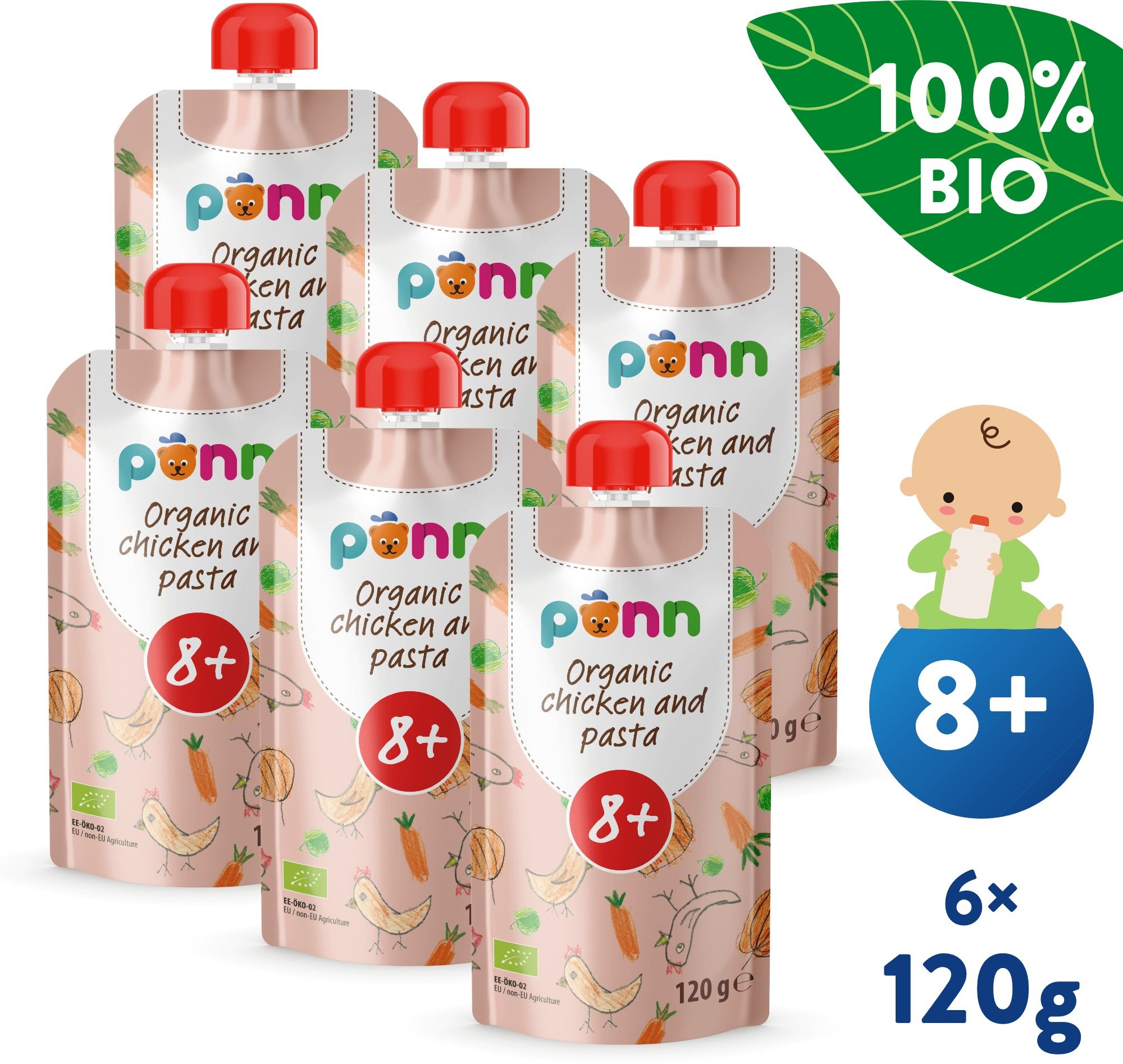SALVEST Ponn BIO csirke tésztával 6 × 120 g Tasakos gyümölcspüré