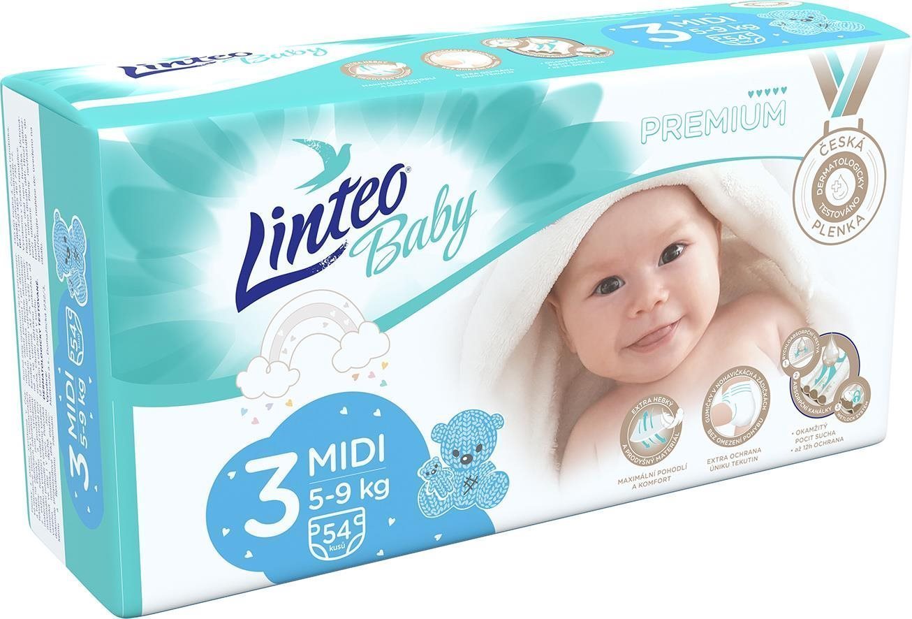 LINTEO Baby Prémium MIDI (5 – 9 kg) 54 ks Jednorazové plienky