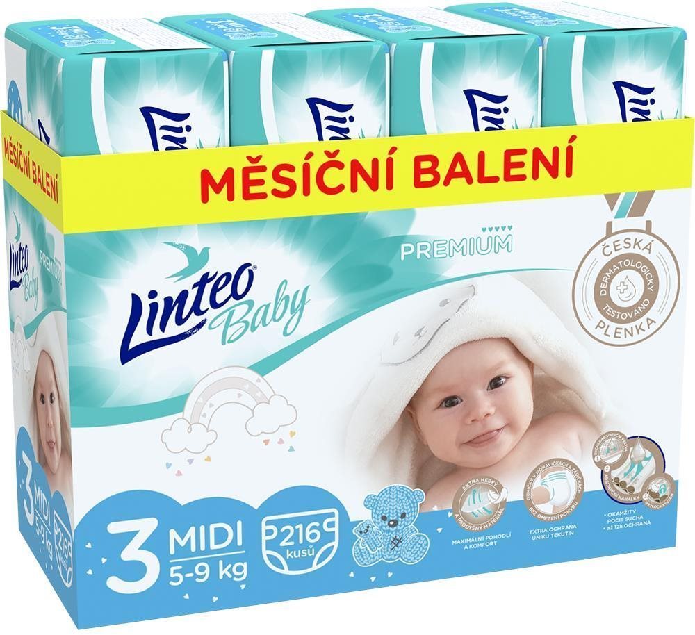 LINTEO Baby Prémium MIDI (5 – 9 kg) 216 ks Jednorazové plienky