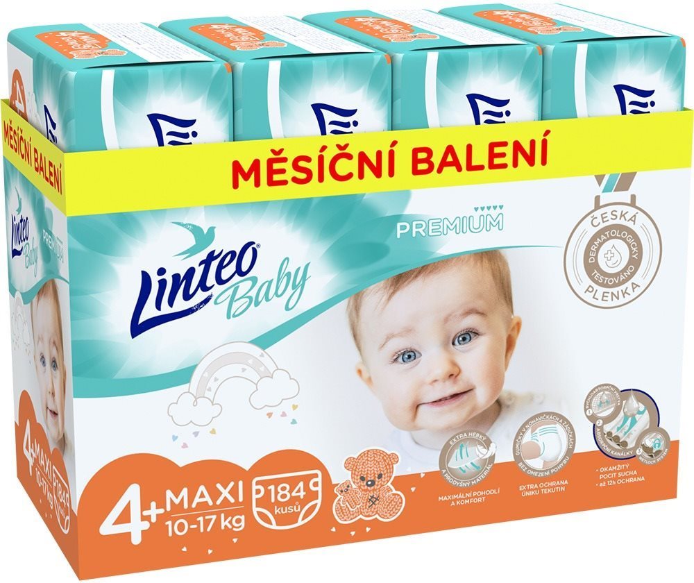 LINTEO Baby Prémium MAXI+ (10 – 17 kg) 184 ks Jednorazové plienky