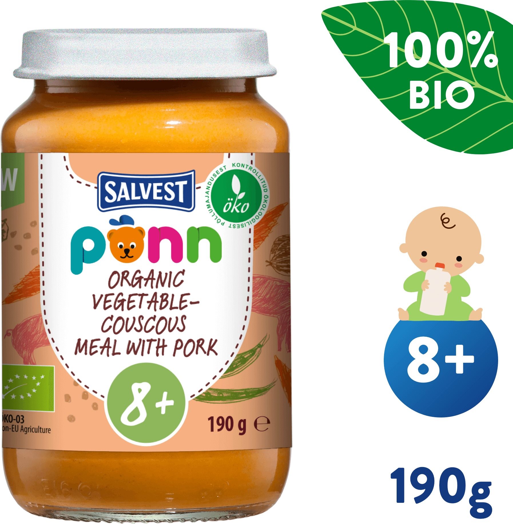 SALVEST Ponn BIO sertéshús kuszkuszos zöldségekkel (190 g) Bébiétel