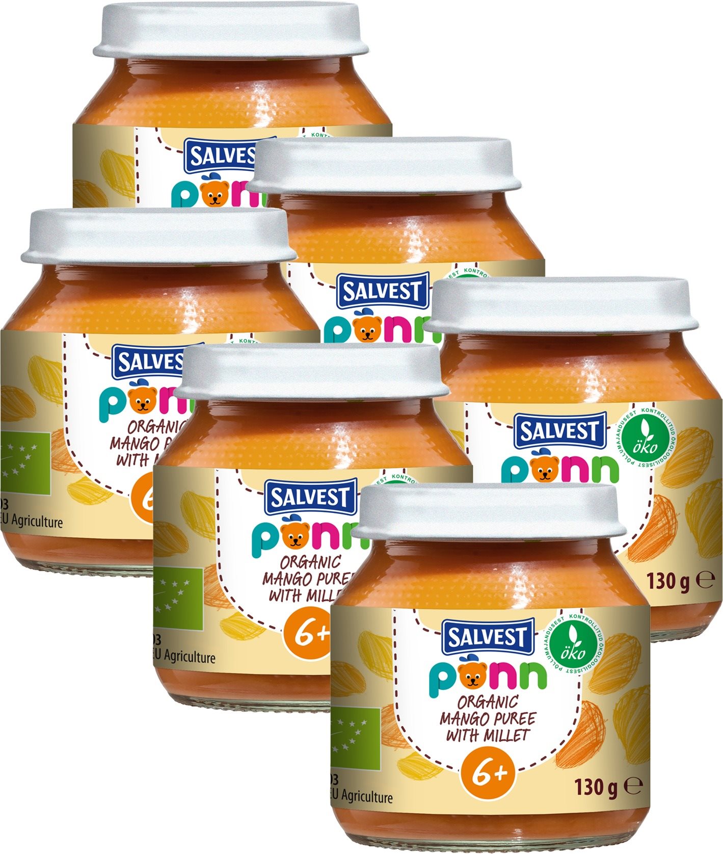 SALVEST Ponn Bio mangós-banános püré kölessel (6×130 g) Bébiétel