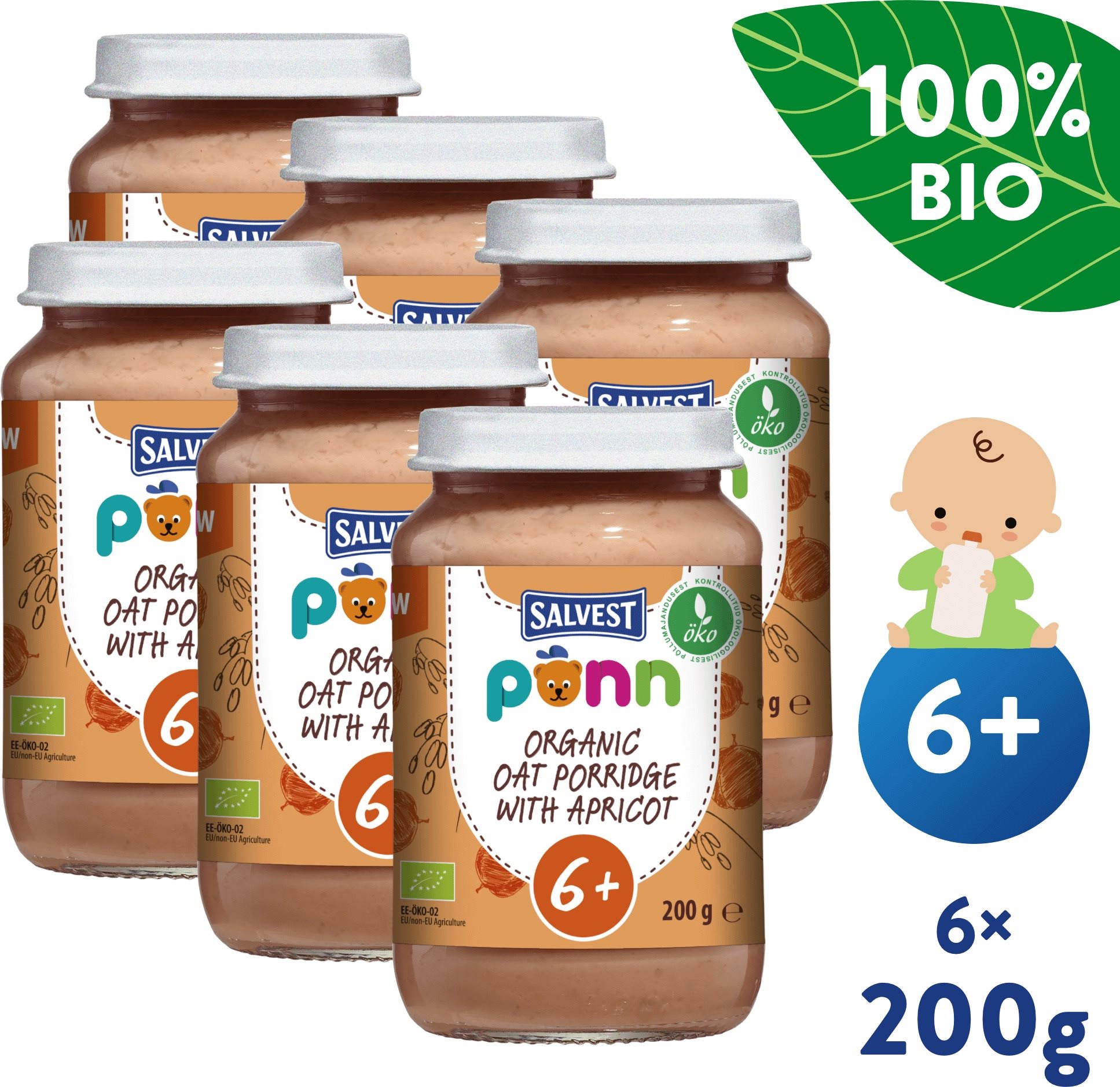 SALVEST Ponn Bio sárgabarack zabpehellyel (6×200 g) Bébiétel