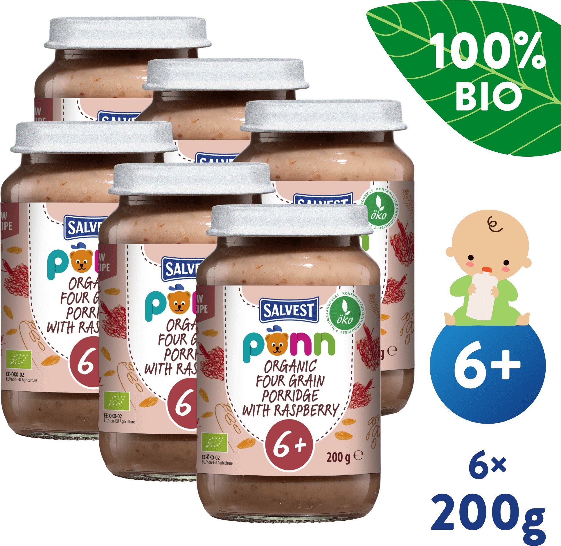 SALVEST Ponn BIO Málna gabonafélékkel (6×200 g) Bébiétel