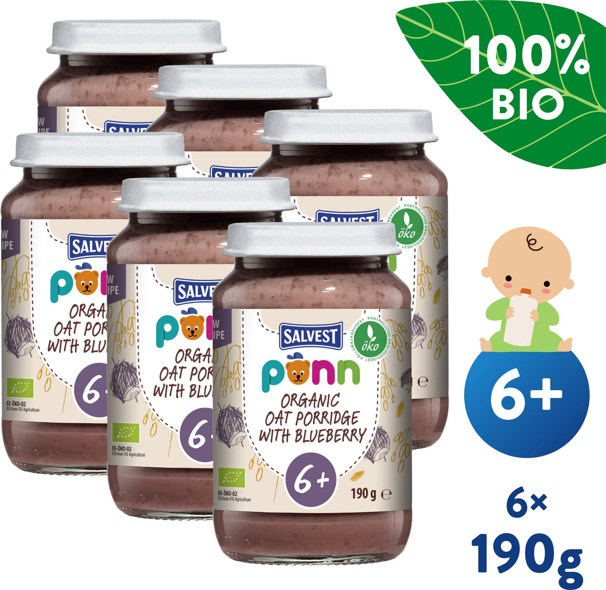 SALVEST Ponn BIO Čučoriedky s ovsenými vločkami (6× 190 g) Príkrm