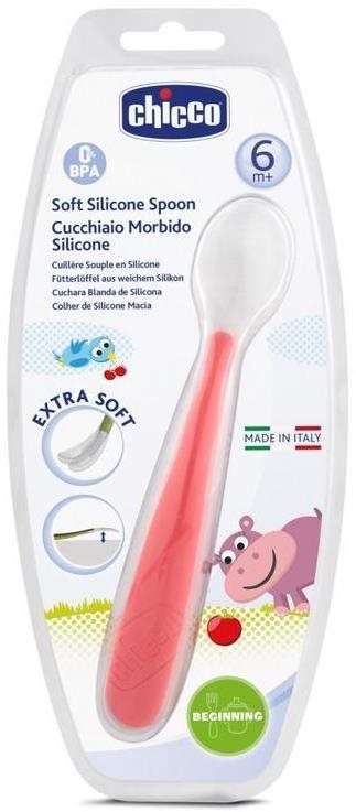 Chicco lyžička silikón Soft 6 m+, červená Detská lyžica