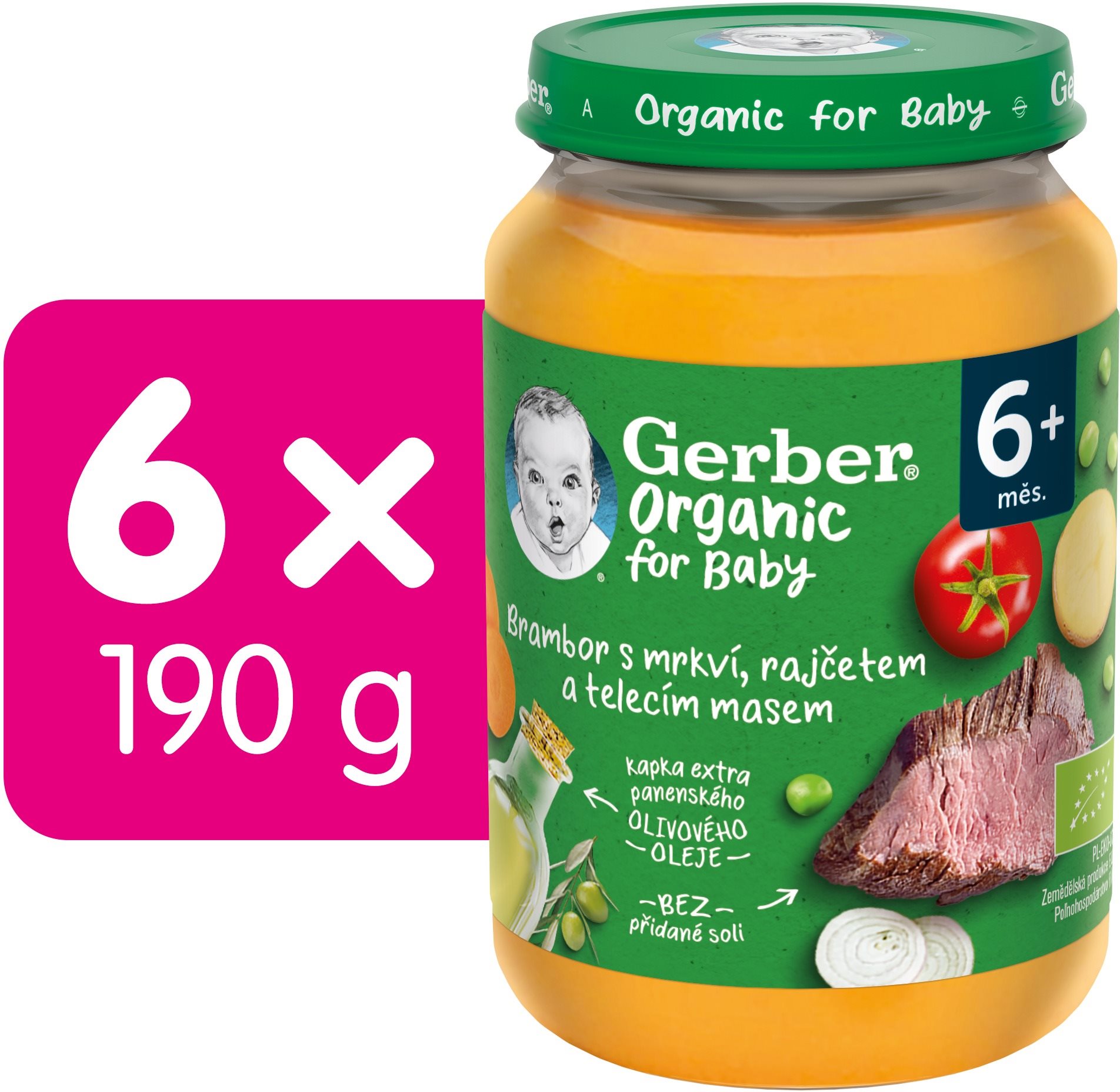 GERBER Organic detský príkrm zelenina s teľacím mäsom 6× 190 g Príkrm