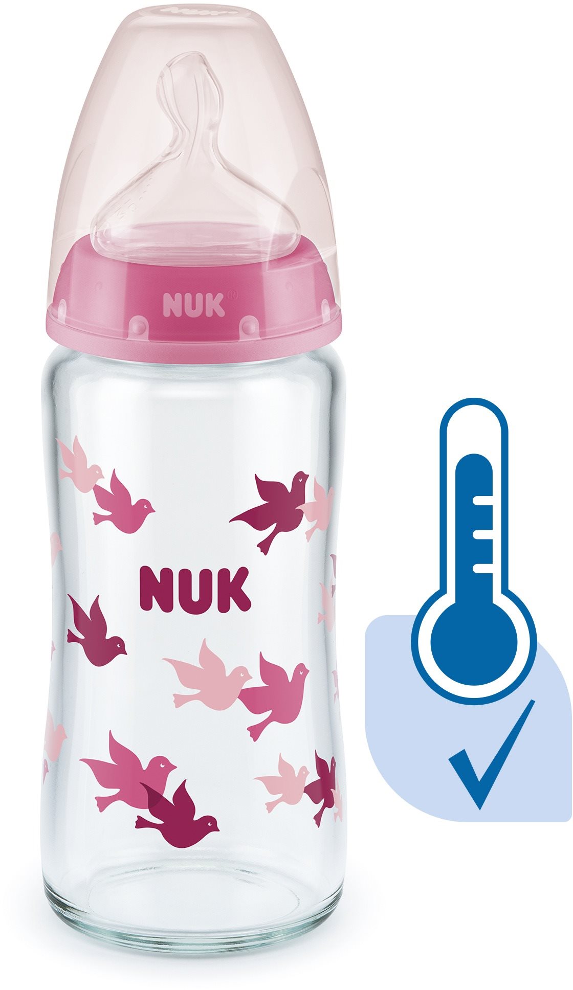 NUK FC+ fľaša sklo s kontrolou teploty 240 ml, ružová Dojčenská fľaša
