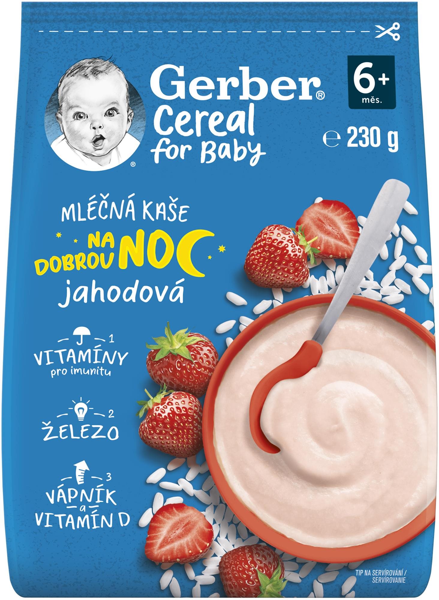GERBER Cereal mléčná kaše Dobrou noc jahodová 230 g Mléčná kaše