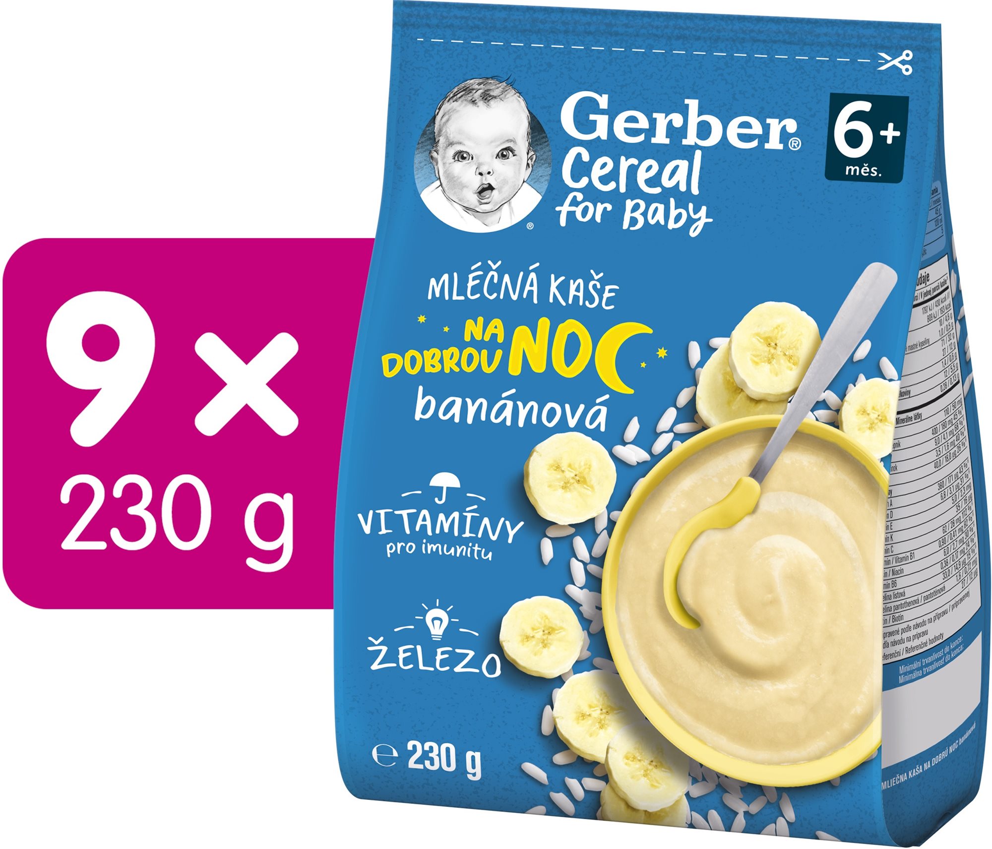 GERBER Cereal mliečna kaša Dobrú noc banánová 9× 230 g Mliečna kaša