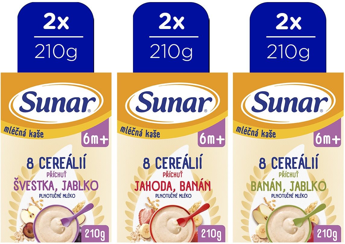 Sunar mliečna kaša 8 cereálií mix príchutí 6 m+, 6× 210 g Mliečna...