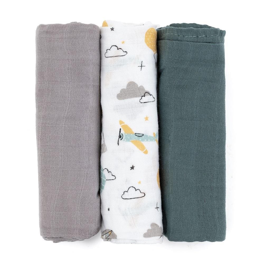 PETITE&MARS Moussy Grey Planes 68 × 68 cm, 3 db Mosható pelenka