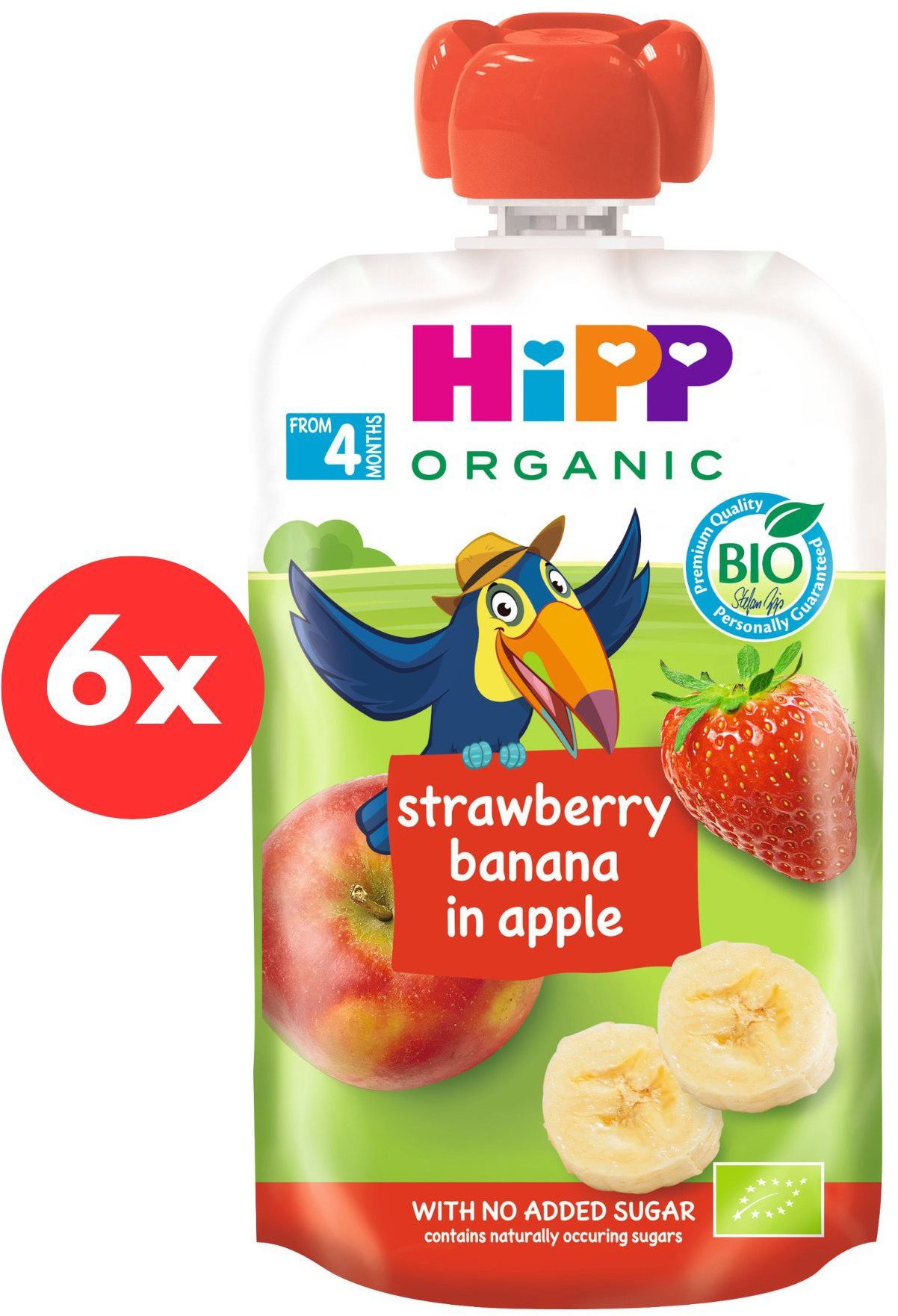 HiPP BIO 100 % ovocie Jablko-Banán-Jahoda od uk. 4. mesiaca, 6× 100...