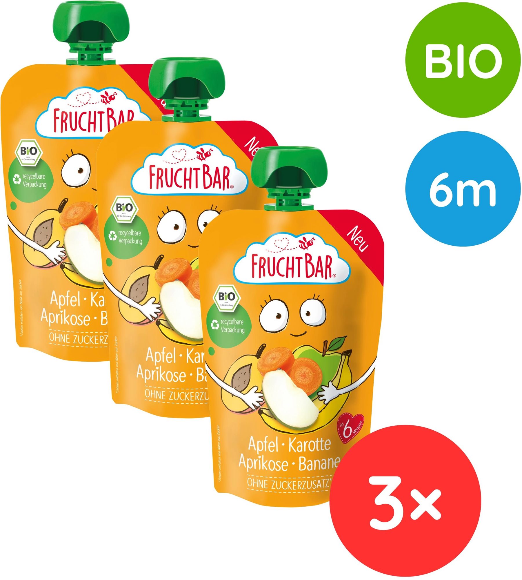 FruchtBar BIO ovocné vrecko jablko, mrkva, marhuľa a banán 3× 100 g...