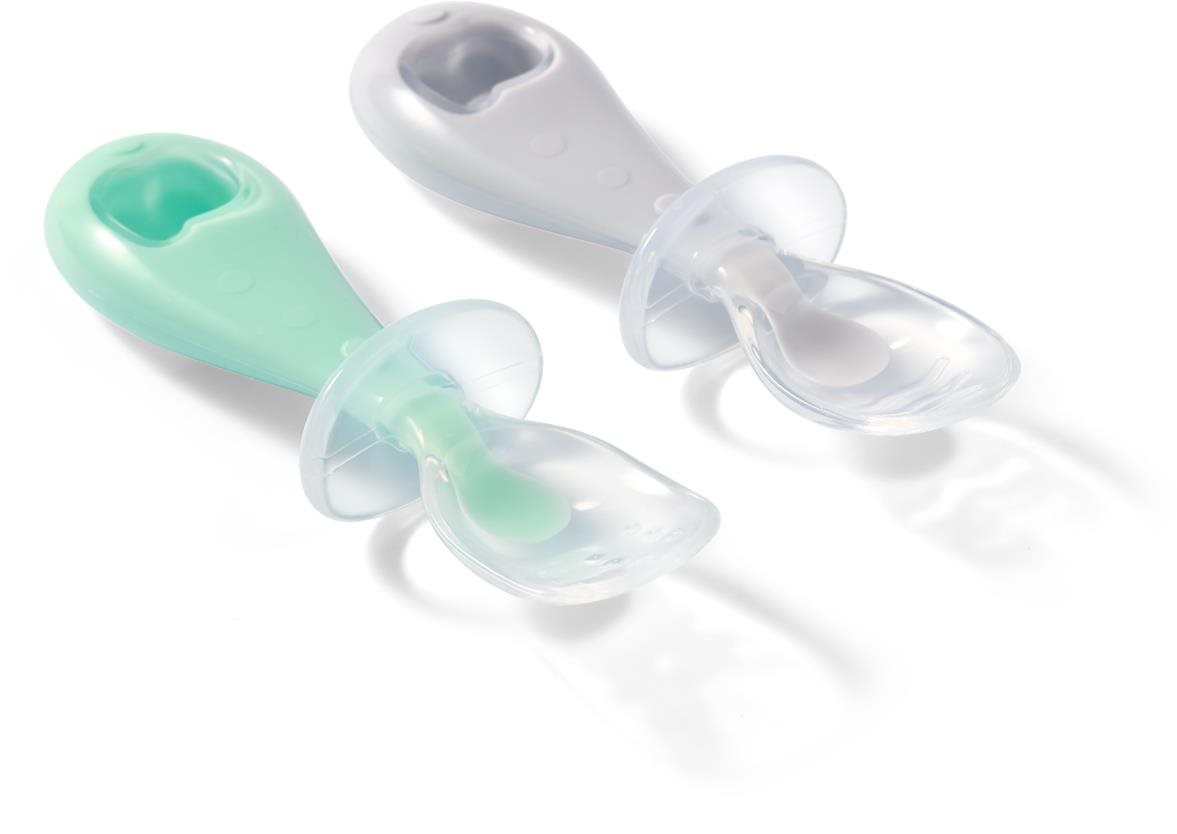 BabyOno Silikonové lžičky šedá/zelená 2 ks Kanál készlet