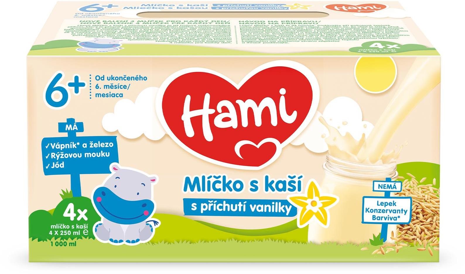 Hami mlíčko s kaší s příchutí vanilky 4× 250 ml Tekutý příkrm