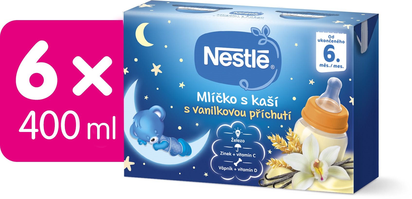 NESTLÉ Mlíčko s kaší Vanilkové 6× (2× 200 ml) Tekutý příkrm