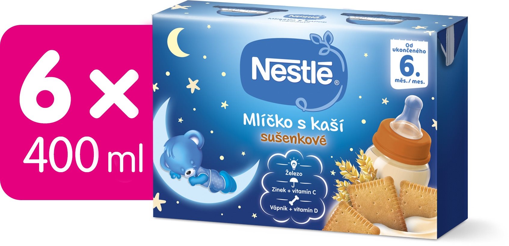 NESTLÉ Mlíčko s kaší Sušenkové 6× (2× 200 ml) Tekutý příkrm