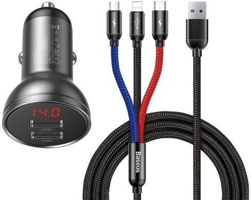 Baseus Digital Display Dual USB Car Charger 24W + 3-in-1 Cable 1.2m...