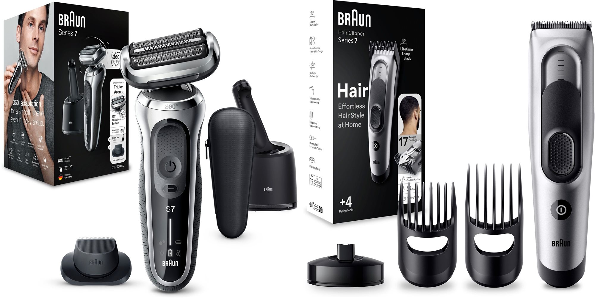BRAUN Series 7 71-S7200cc Silver + Trimmer Braun Series 7 HC7390...