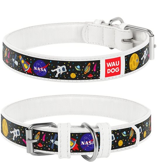 Waudog Obojok kožený NASA biely 37 – 48 cm/2,5 cm Obojok pre psa