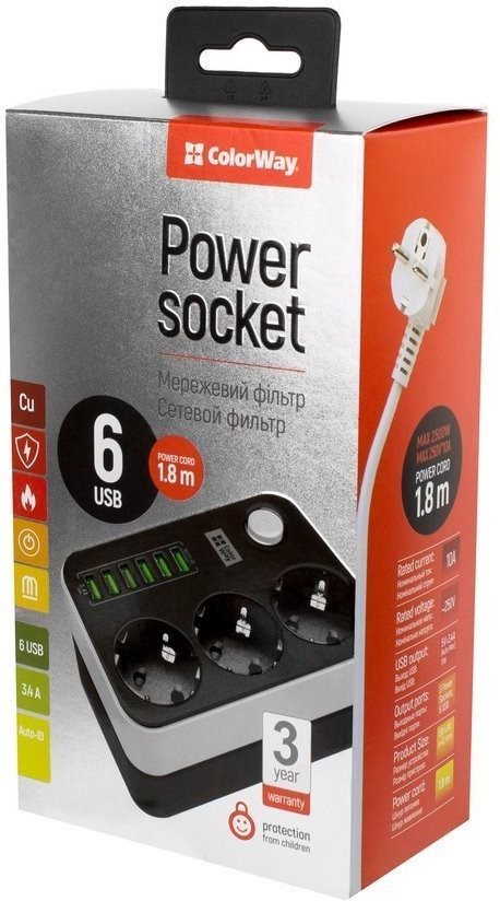 ColorWay CW-CHE36B, 3 aljzat, 6x USB, 1,8 m Hosszabbító kábel