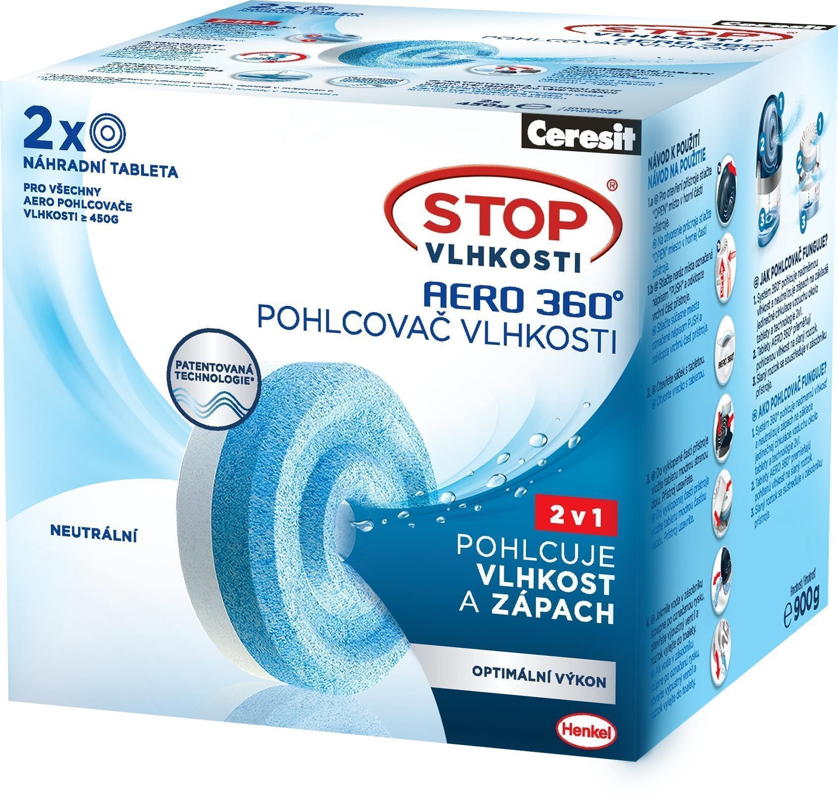 Stop vlhkosti Aero 360° 2 v 1, 2× 450 g, náhradné tablety Pohlcovač...