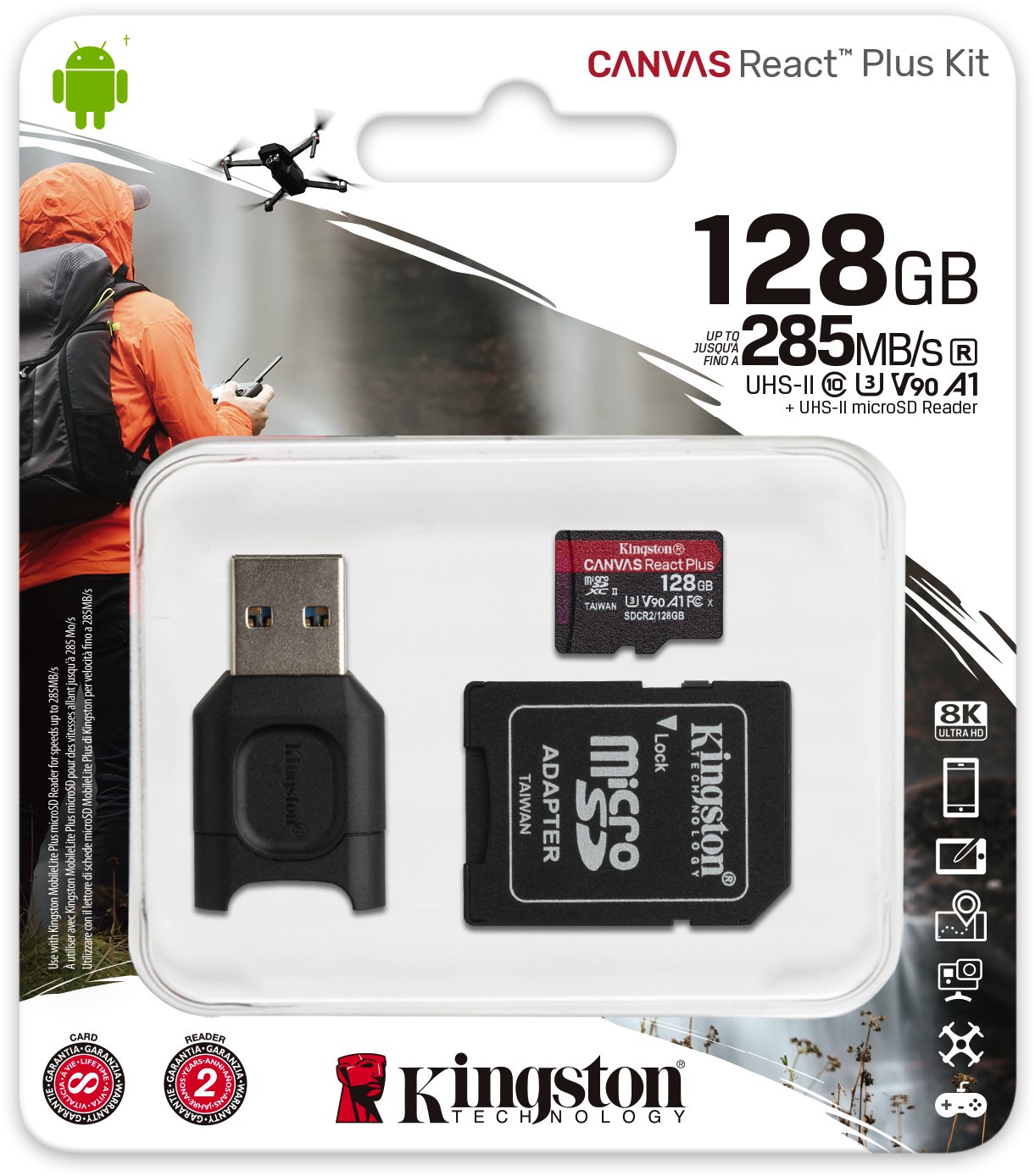 Kingston Canvas React Plus microSDXC 128GB + SD Adapter & Card...
